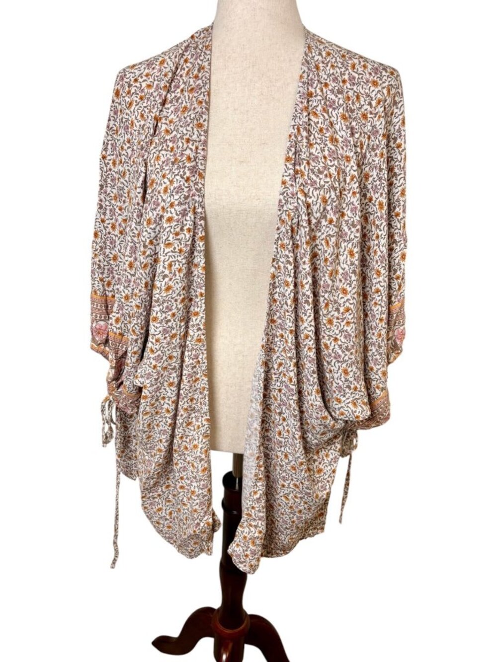 Entro Cream Brown Orange Floral Tie Sleeve Open Front Kimono Cardigan One Size